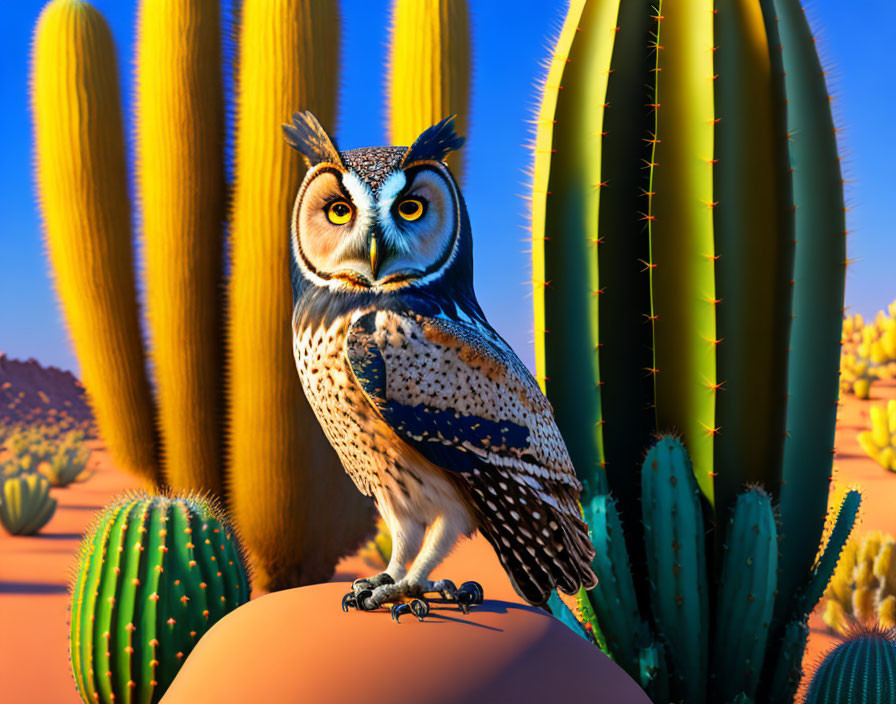 Illustration of owl on rock in desert with cacti at golden hour