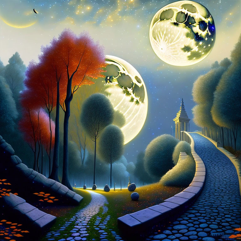 Whimsical artwork of glowing nighttime landscape with moons, pagoda, trees