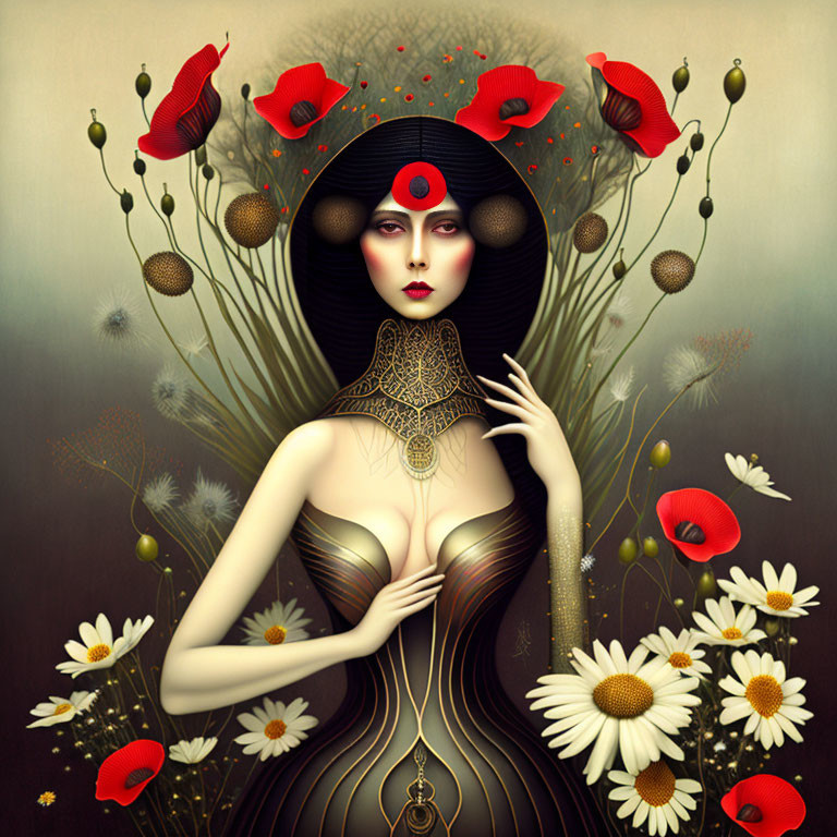 Stylized portrait of a woman with dark hair and black hat among red flowers and daisies