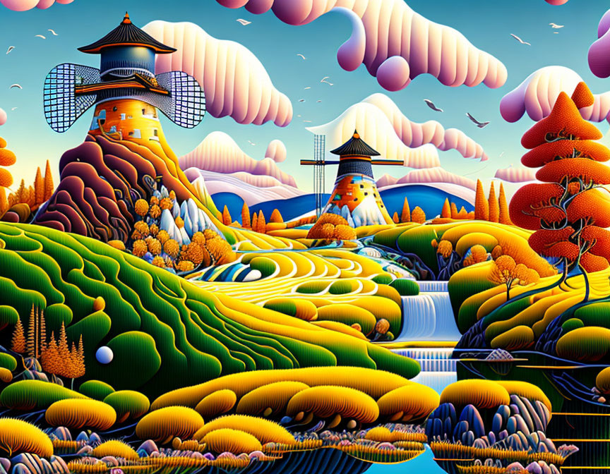 Colorful surrealist landscape with hills, trees, fields, windmills, and whimsical sky