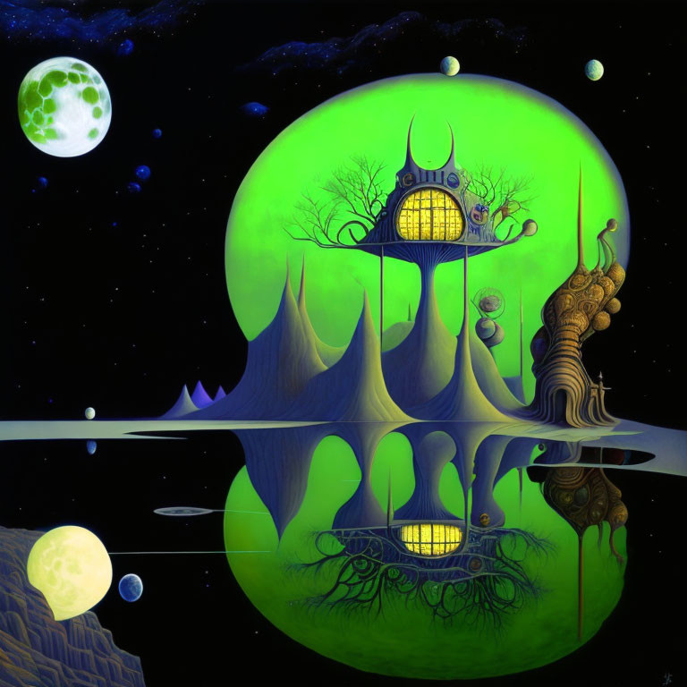 Surreal fantasy landscape: green buildings, reflective water, multiple moons