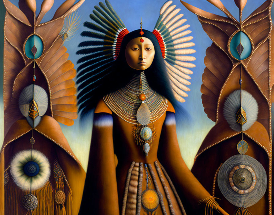 Surreal painting of person with feathered regalia and ornate wings