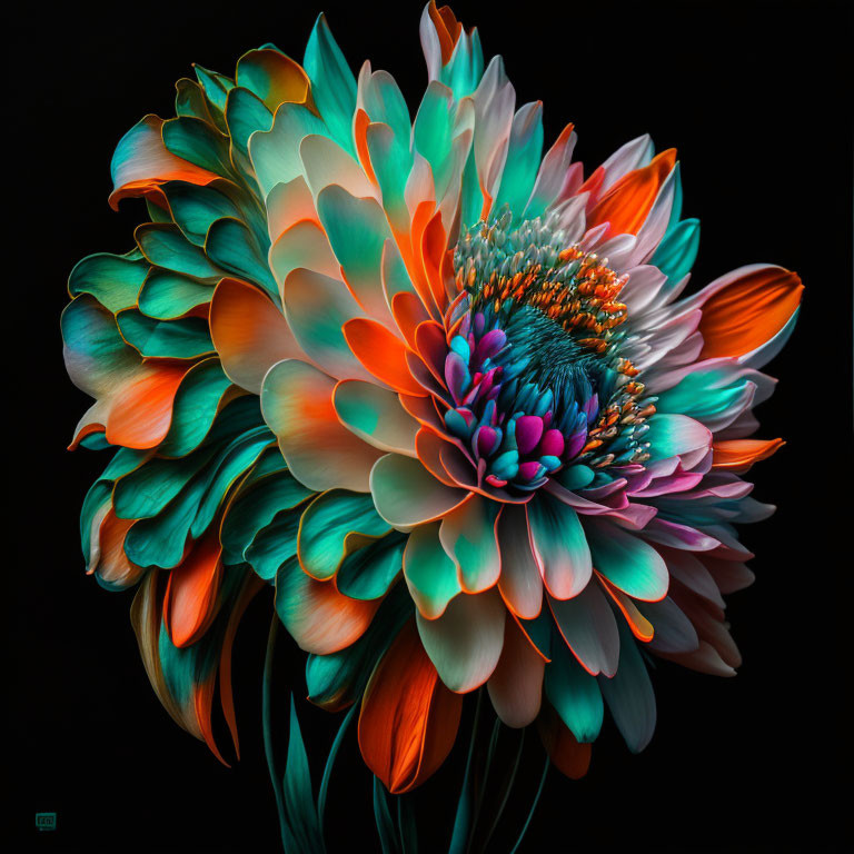 Colorful Dahlia Flower: Teal and Orange Petals on Dark Background