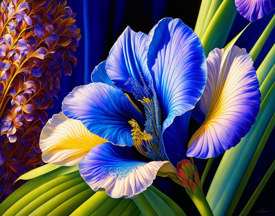 Colorful Floral Painting with Blue and Purple Flowers on Dark Background