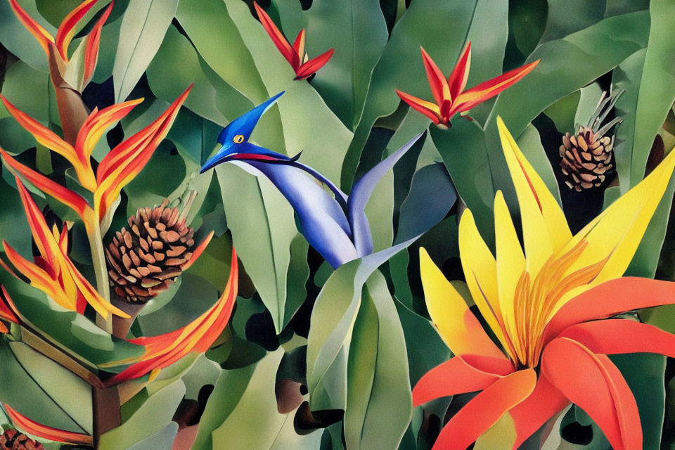 Colorful Bird Painting in Tropical Setting with Flowers and Pine Cones