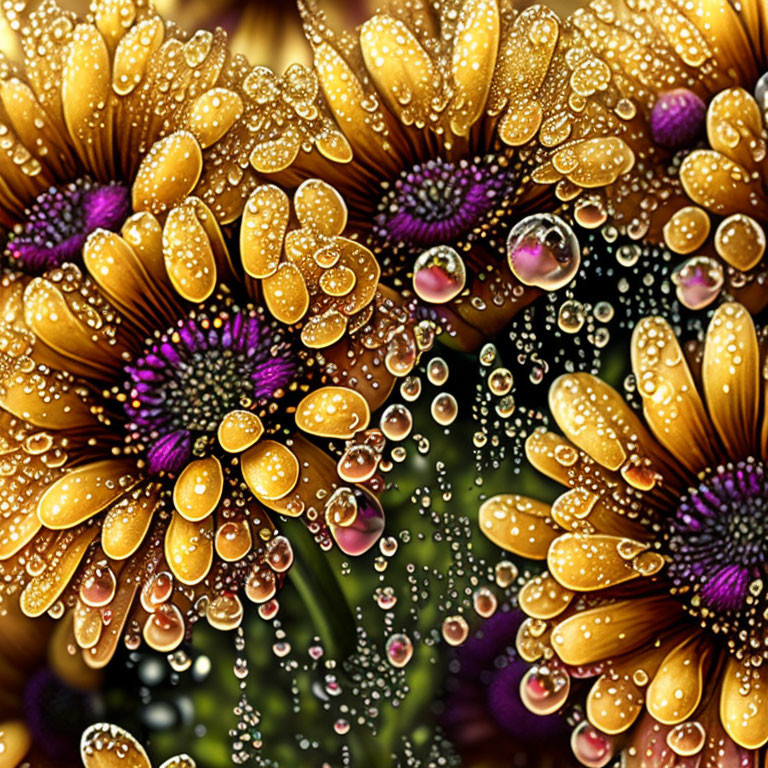 Orange and Purple Flowers with Dewdrops and Water Beads