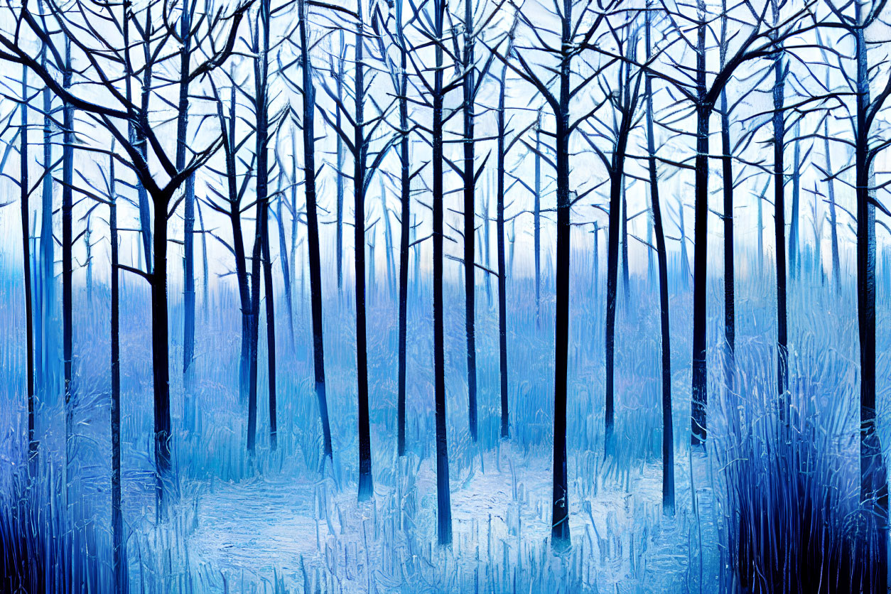 Blue and White Winter Forest Scene with Bare Trees