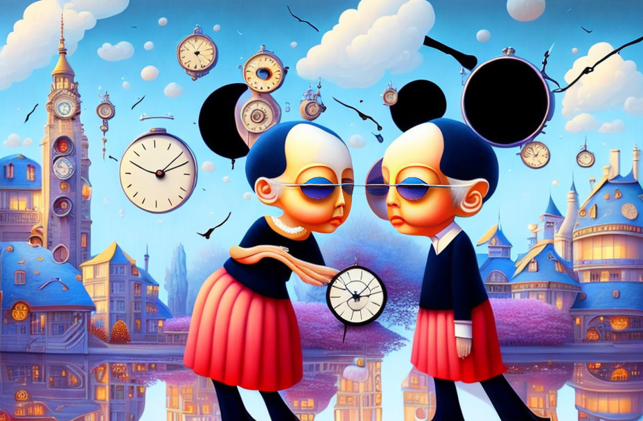 Whimsical animated characters with clocks in surreal clock tower backdrop