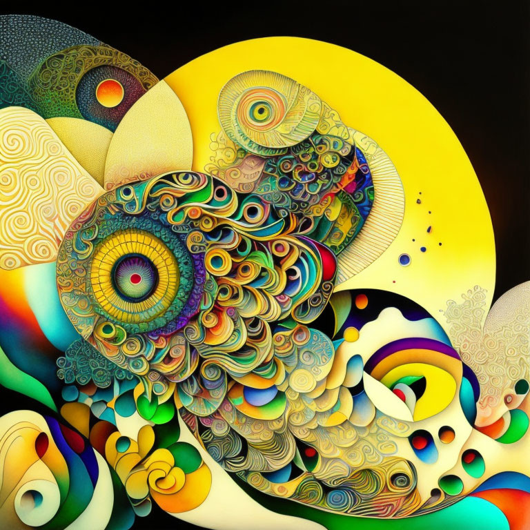 Colorful Abstract Art: Psychedelic Circular Patterns on Yellow Background