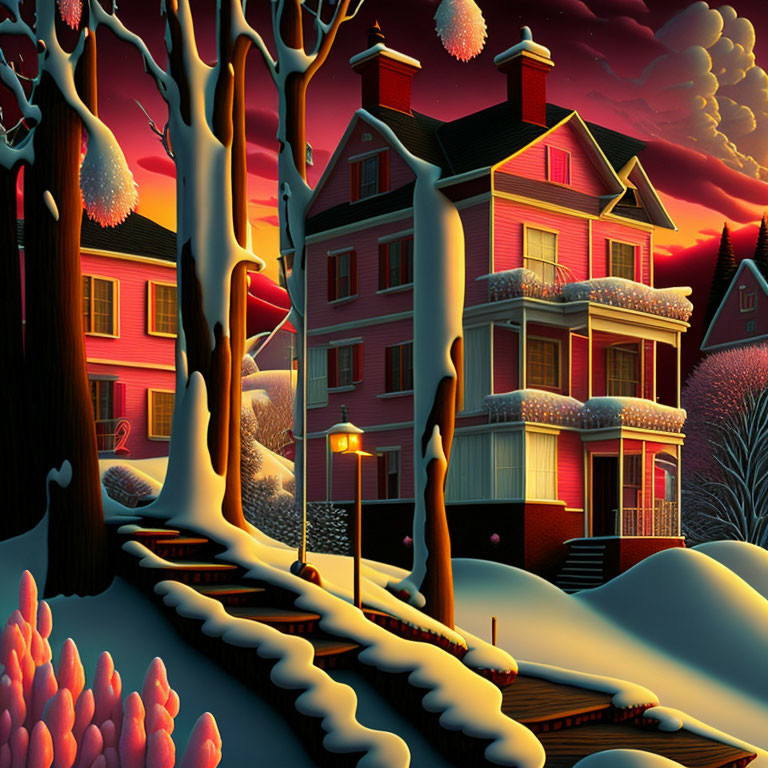 Surreal winter scene: Pink Victorian house, melting snow-covered trees.