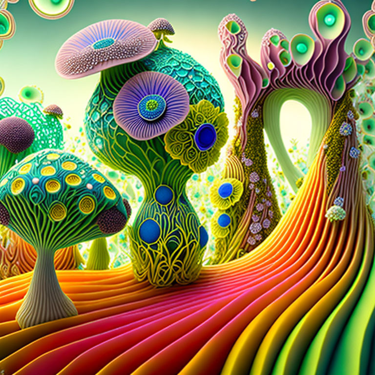 Colorful psychedelic illustration with stylized fungi and floral elements