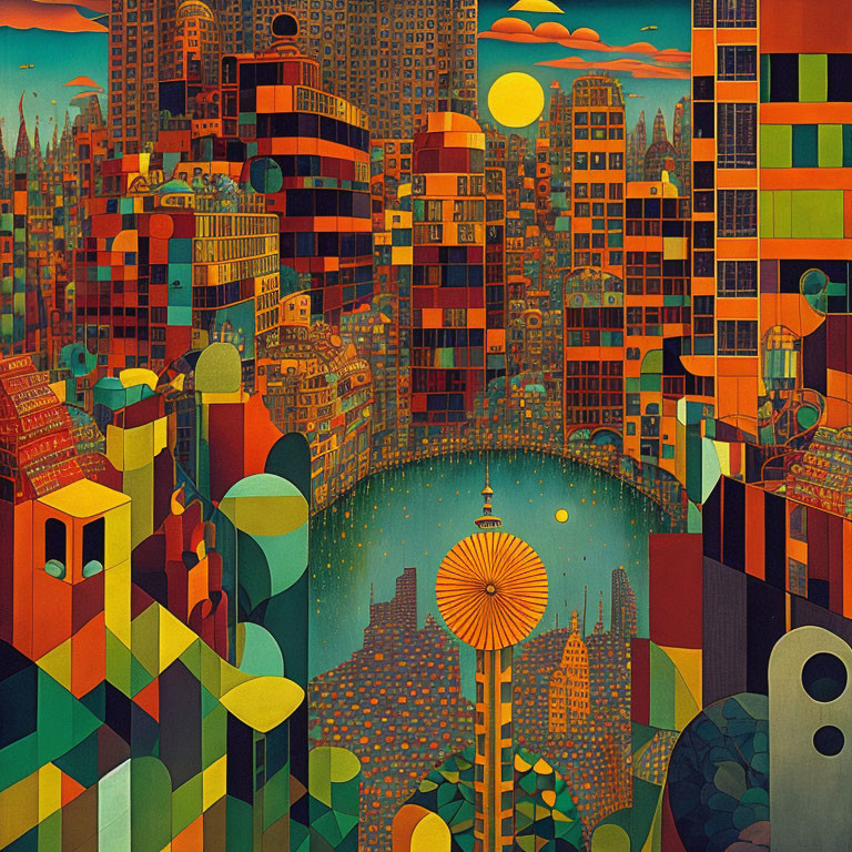 Colorful Geometric Cityscape with Glowing Sun