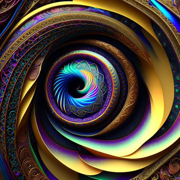 Colorful Swirling Fractal Patterns in Blues, Golds, and Purples