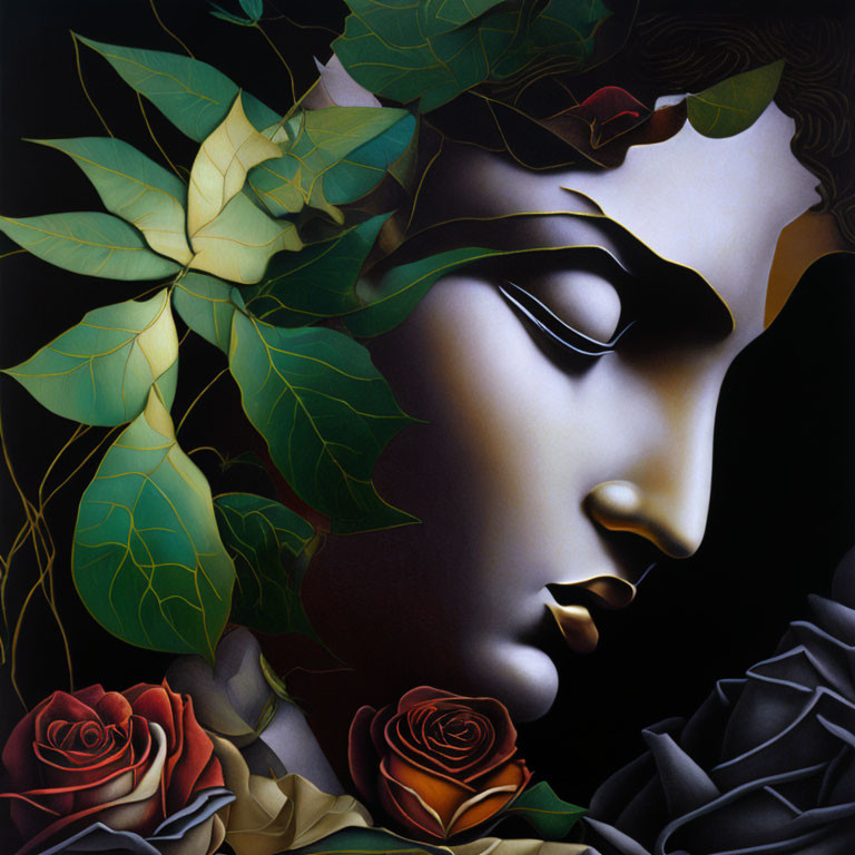 Woman's Face with Green Leaves, Red Roses, and Black Background