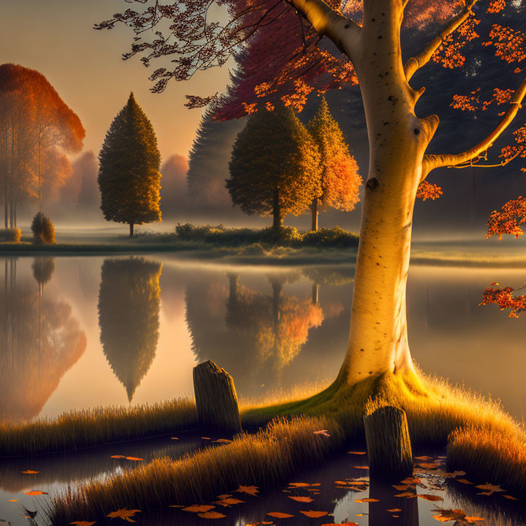 Tranquil autumn lake reflecting colorful trees in warm light