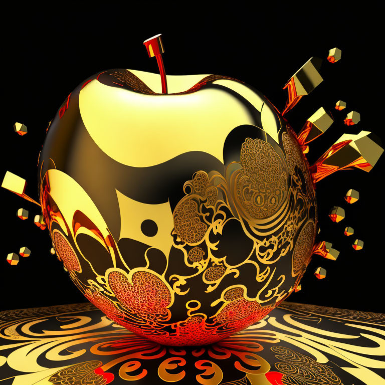 Intricate 3D Golden Apple with Bursting Fragments on Black Background