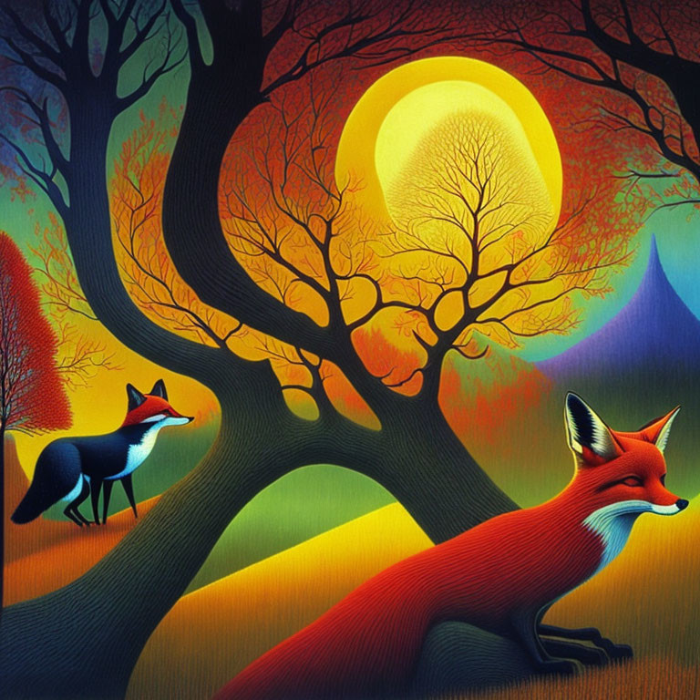 Colorful forest scene with two foxes and moon