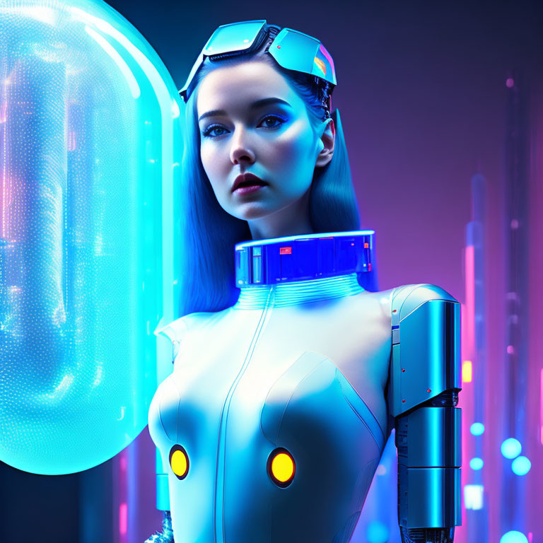 Futuristic female android with visor in neon-lit setting