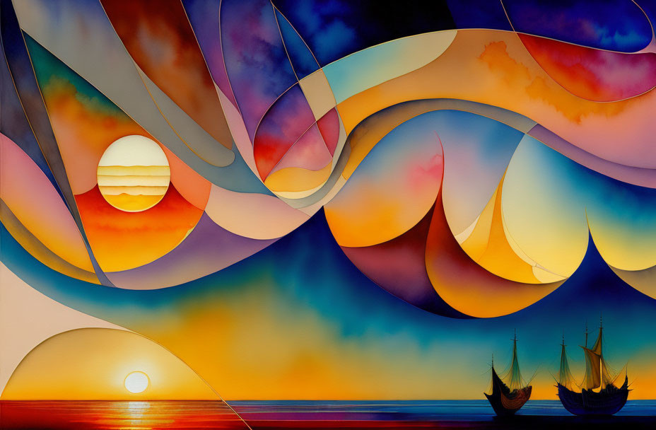 Abstract Sunset Sea Landscape with Ships and Swirling Shapes