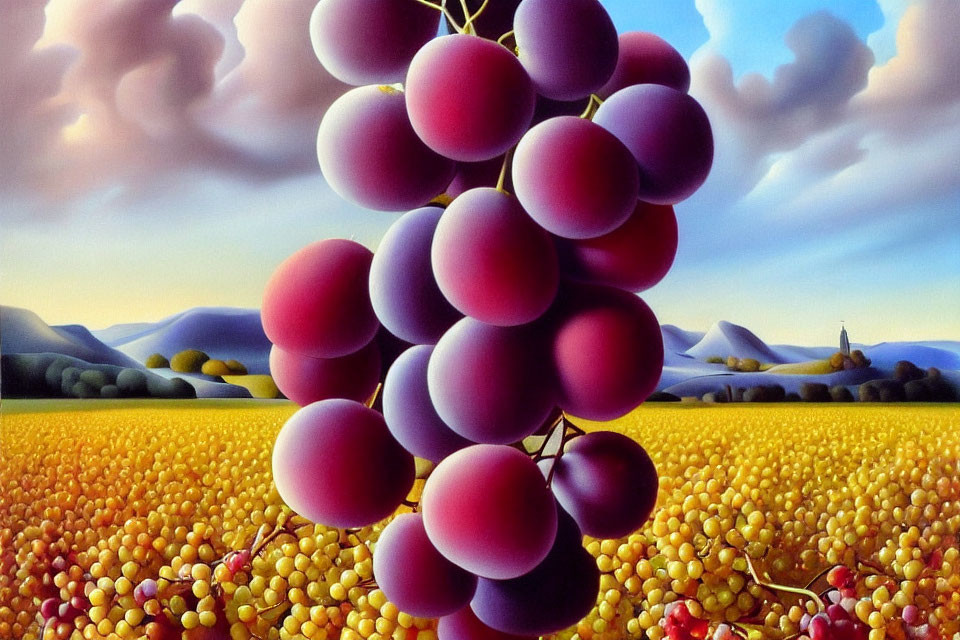 Surrealist landscape with oversized purple grapes, yellow spheres, blue hills, and distant church