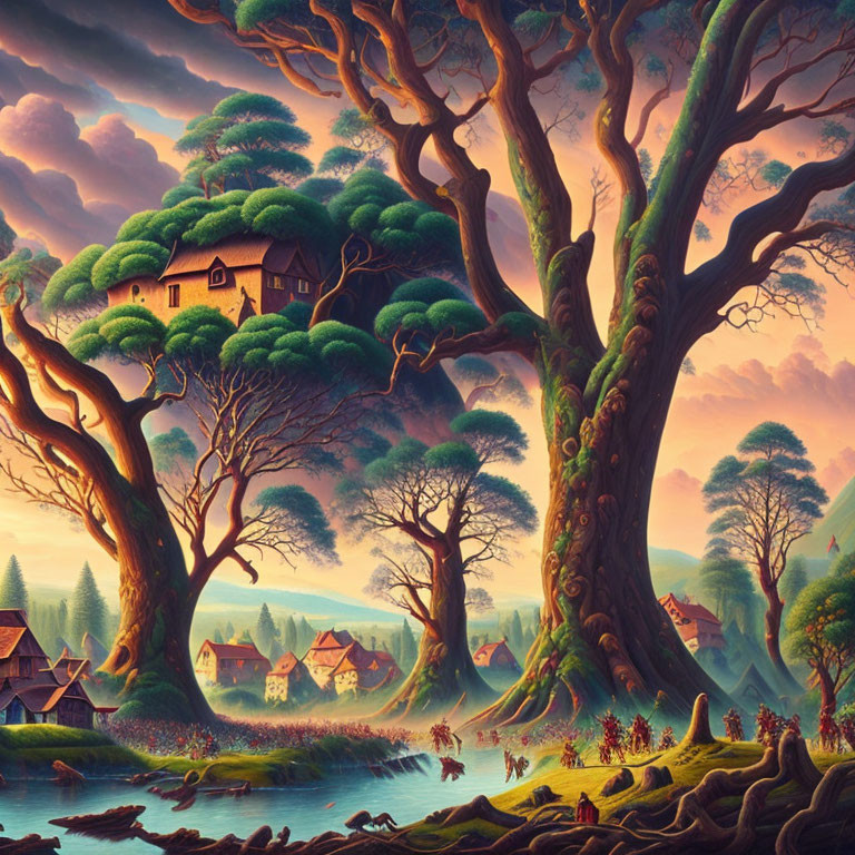 Fantasy landscape with oversized trees, house, village, and stream figures