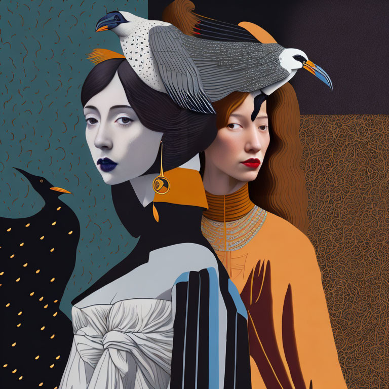 Stylized women with bird headpieces in white and blue and orange and black on patterned backdrop