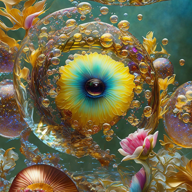 Colorful surreal artwork: bubble with eye pattern, golden droplets, whimsical flowers