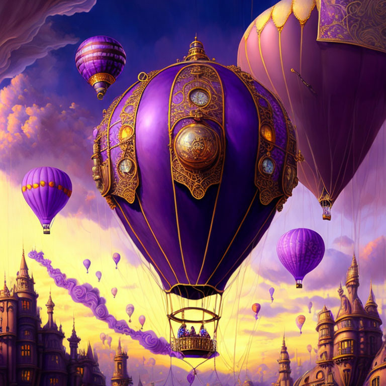 Purple hot air balloons over whimsical castles in a sunset sky