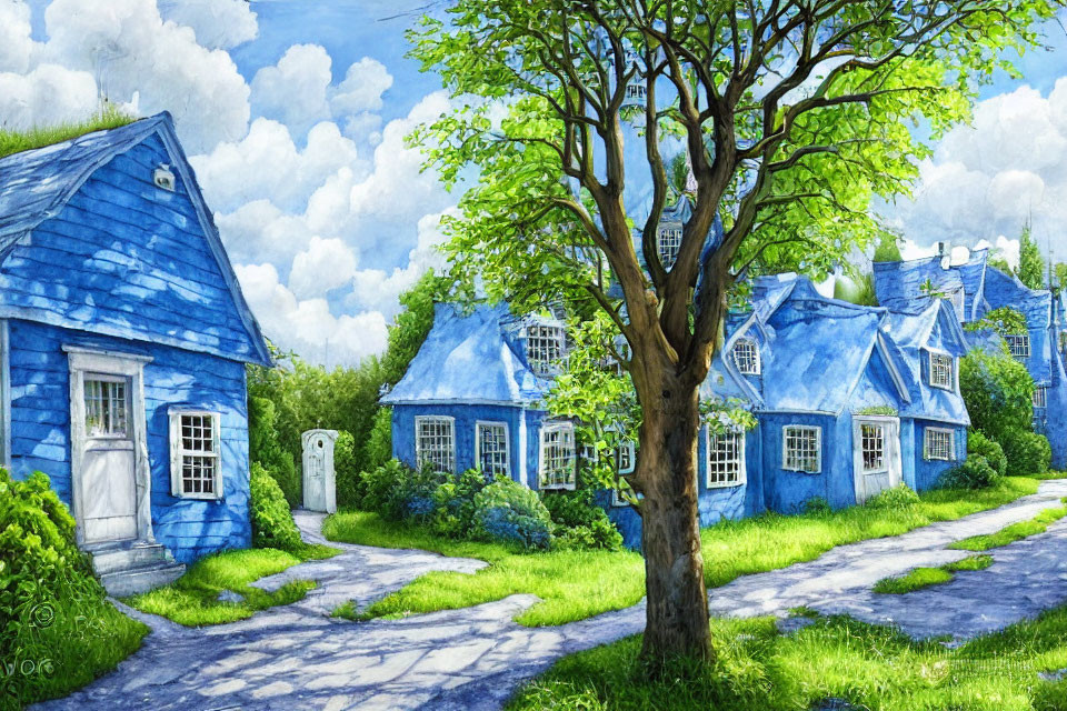 Charming blue cottages in a quaint village scene