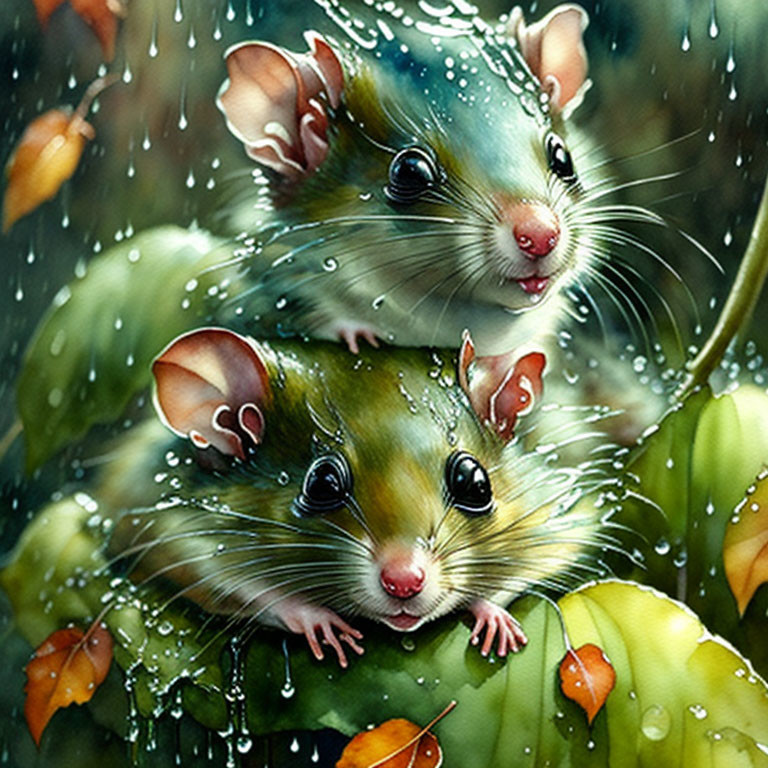 Illustrated mice huddled under raindrops on vibrant green leaves