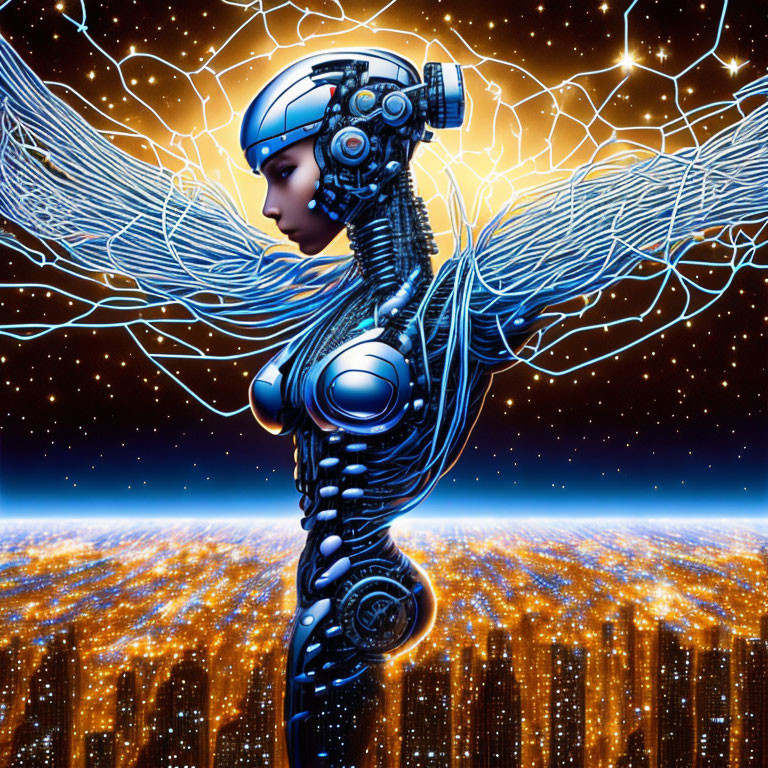 Futuristic female android with intricate mechanical details on starry sky backdrop