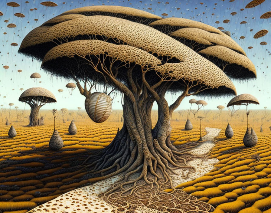 Surreal landscape featuring large tree with mushroom-like canopy