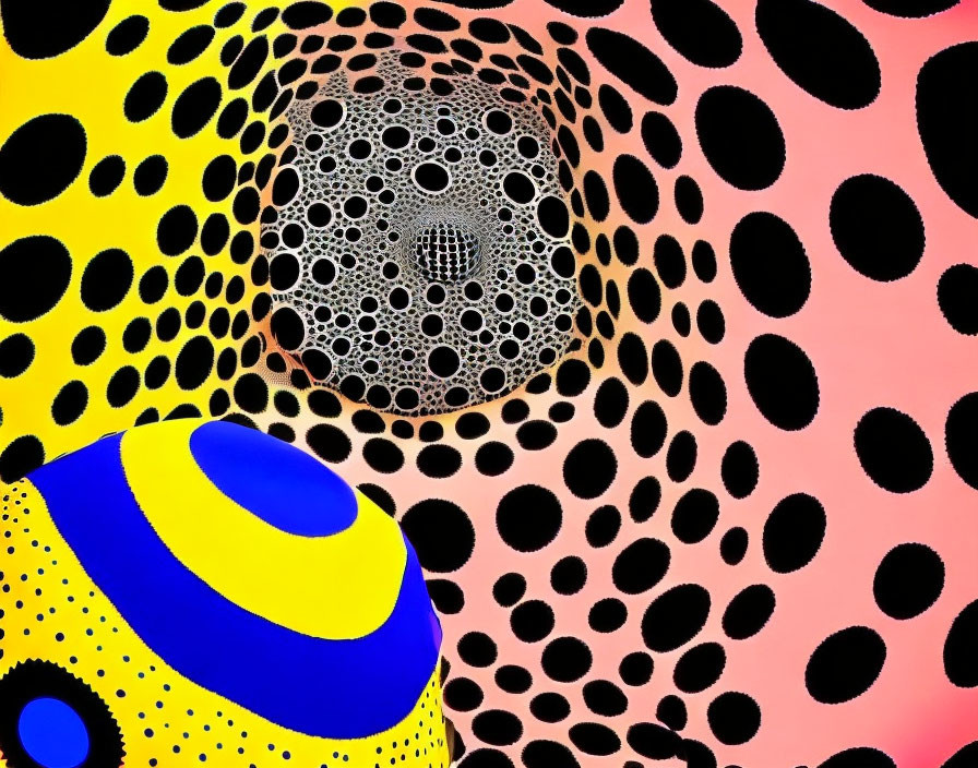 Vibrant abstract art with yellow, pink, and black dots and circles.