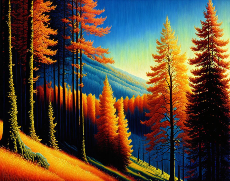 Colorful forest painting with fiery leaves and deep blue shadows