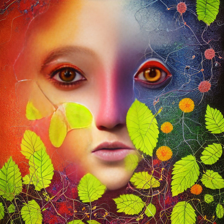 Colorful digital artwork: Child's face with vibrant textures, green leaves, neurons, and circuitry