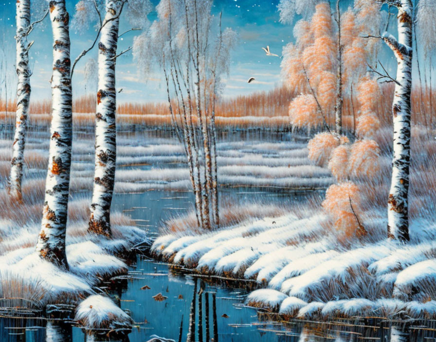Tranquil winter scene with birch trees, snow, orange foliage, and reflective water