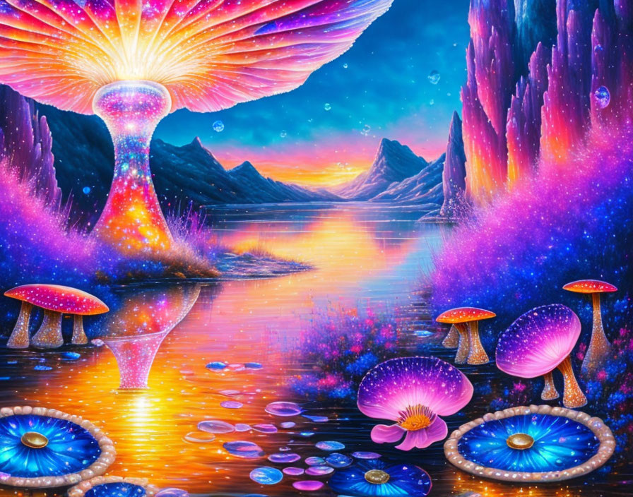 Psychedelic landscape with glowing mushrooms, mountains, lake, and cosmic anomaly