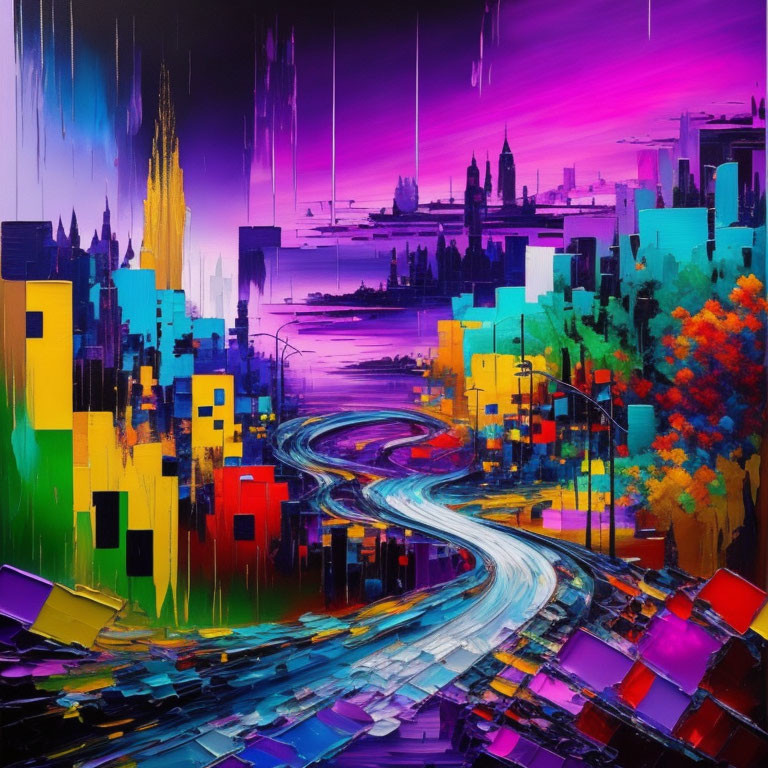 Colorful Abstract Cityscape Painting with River & Purple Pink Sky