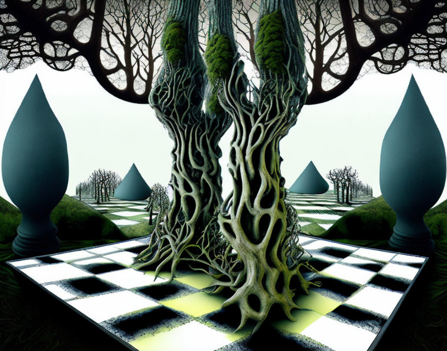 Surreal tree with entwined roots on chessboard with teardrop-shaped topiaries