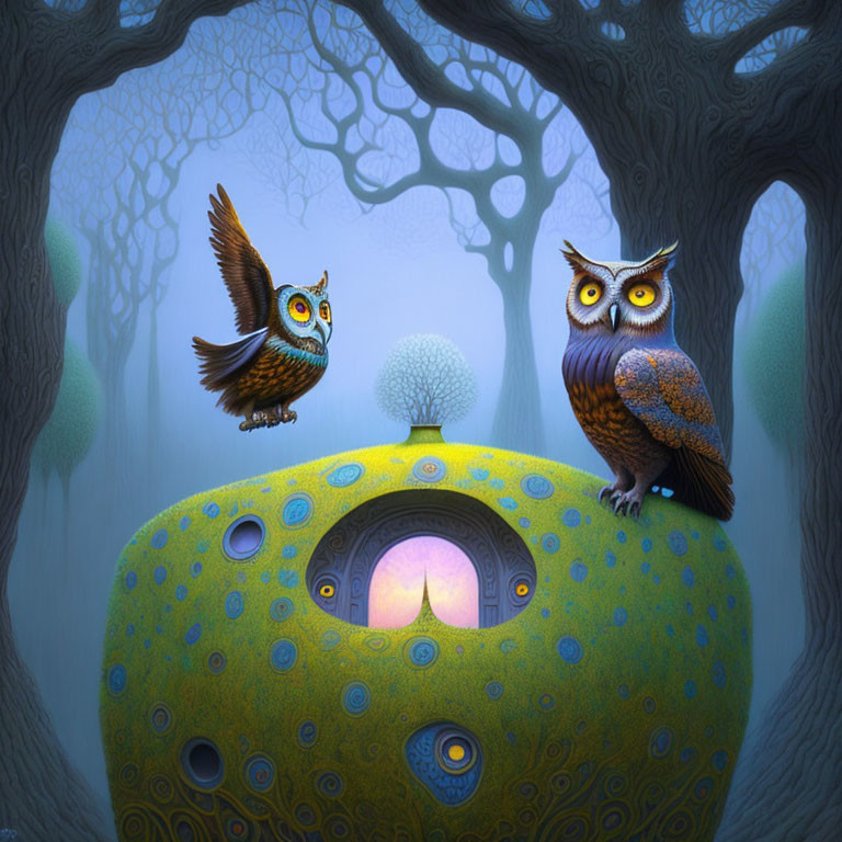 Vibrant owl in flight and perched owl by glowing treehouse in mystical forest