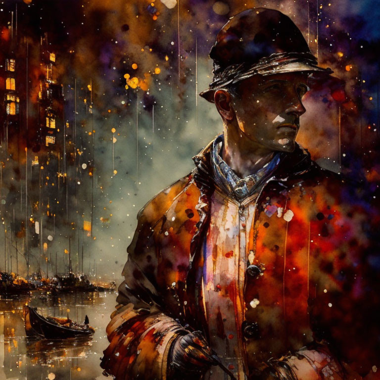 Contemplative man in hat and coat in watercolor cityscape at night