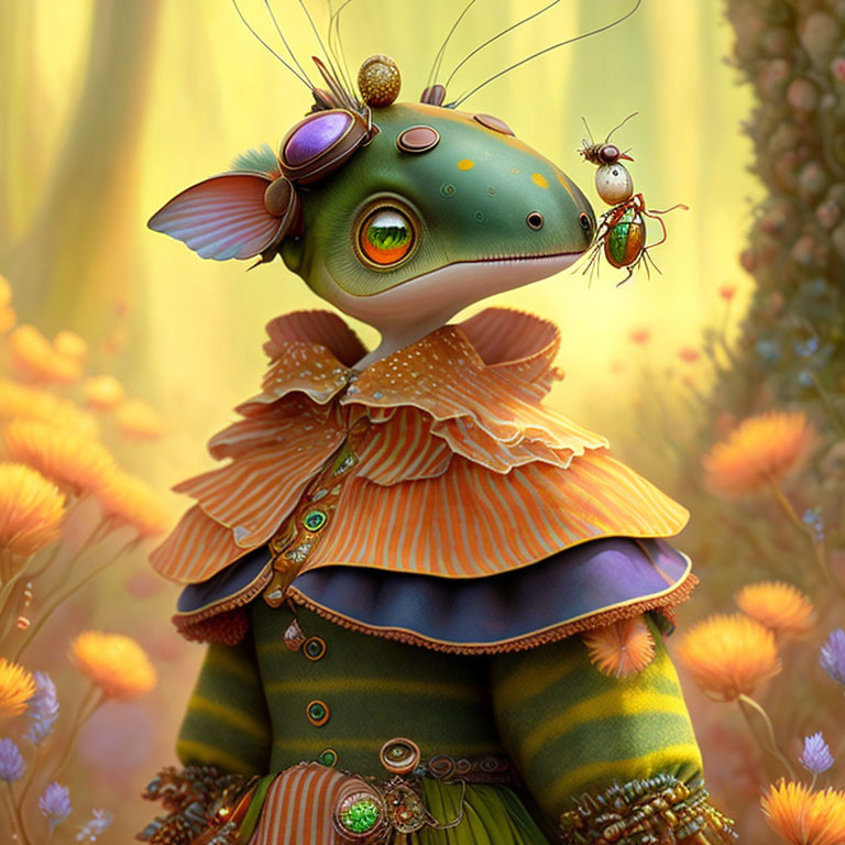 Colorful Anthropomorphic Insect Character with Small Companion