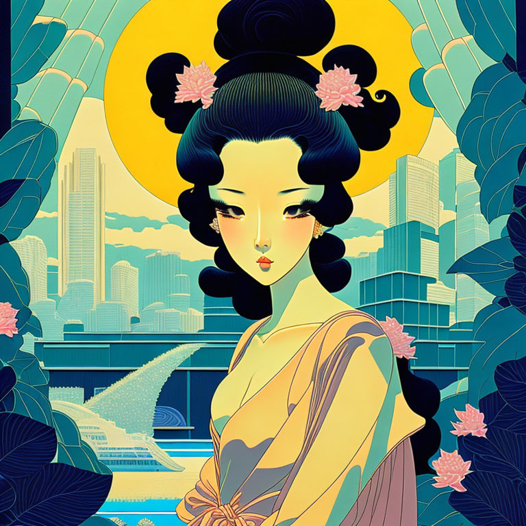 Illustrated woman with East Asian features in modern cityscape with stylized sun