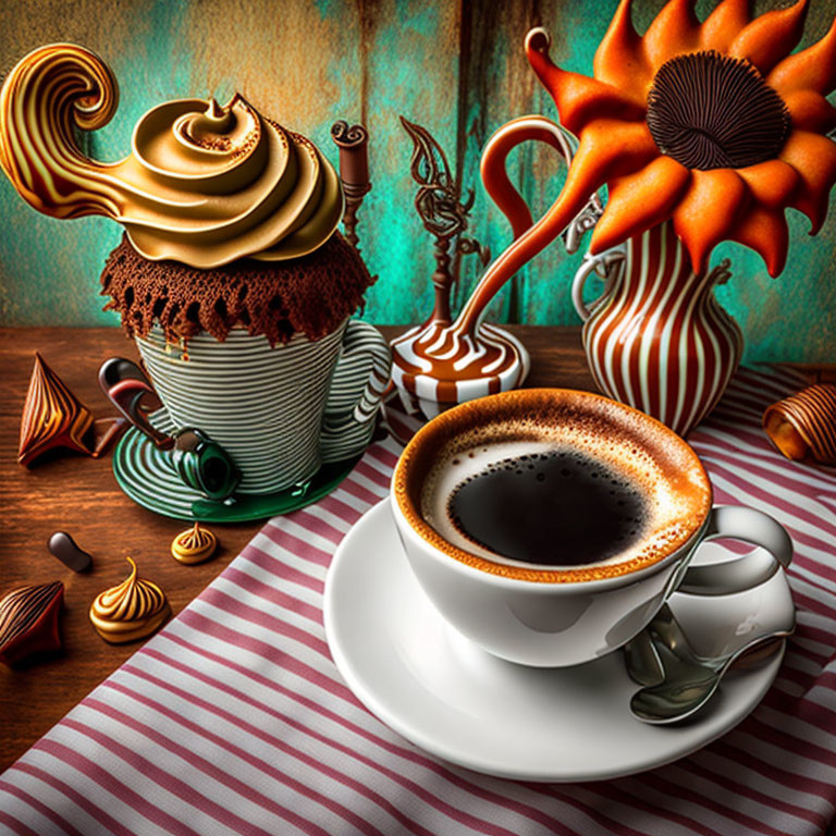 Whimsical still life with coffee cup and striped chocolate desserts on rustic backdrop