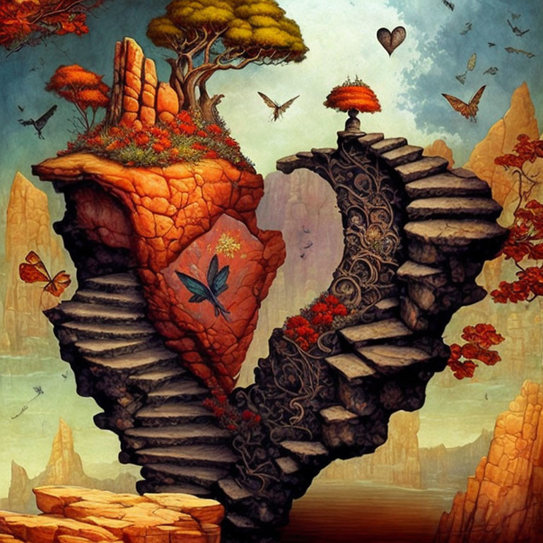 Illustration of floating rock formations with spiral staircase, vibrant flora, butterflies, and surreal heart backdrop.