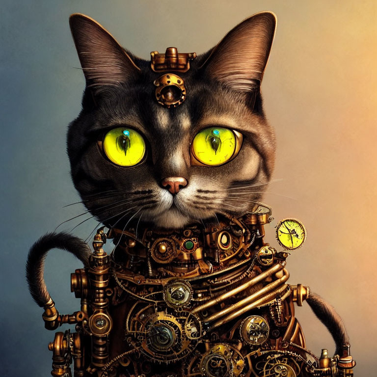 Steampunk-Inspired Cat with Mechanical Body and Glowing Eyes