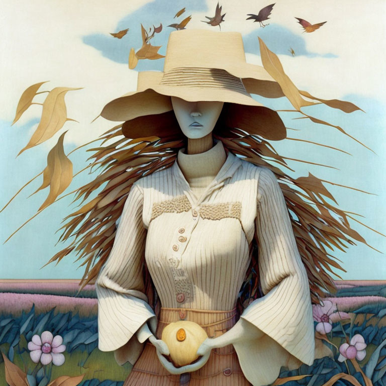 Stylized painting of woman with wide-brimmed hat and apple in pastoral setting