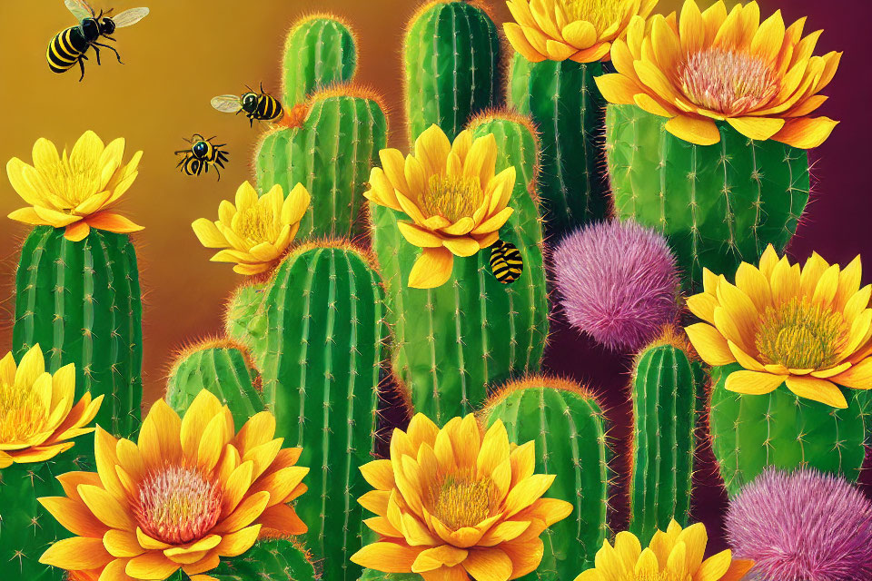 Colorful Cacti with Yellow Flowers and Bees on Warm Background