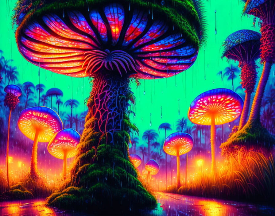 Fantastical neon-lit forest with oversized mushrooms under starry sky