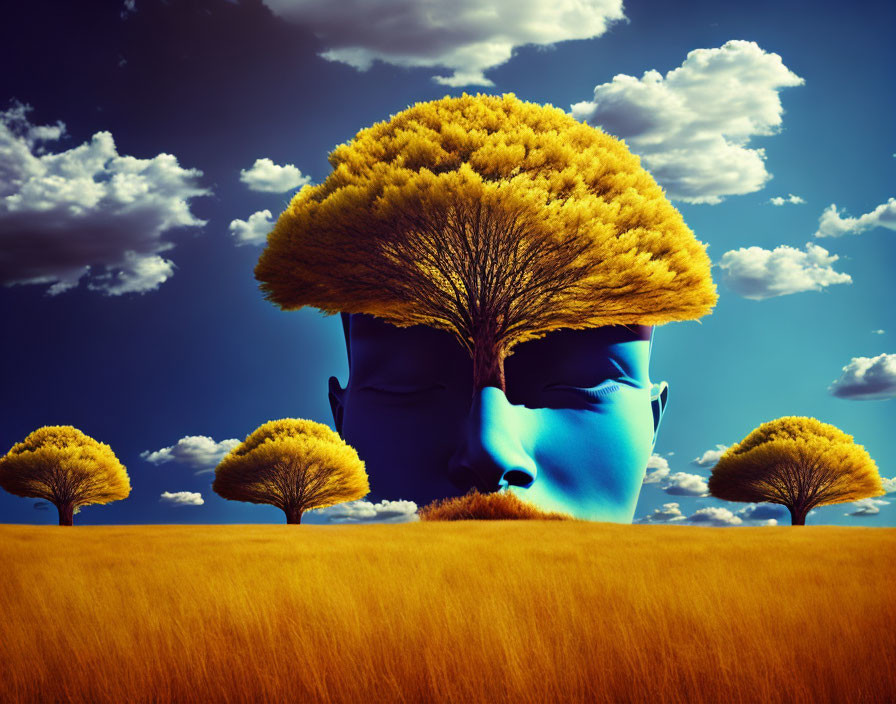 Surreal landscape featuring giant blue face and tree-headed figure blending into field against vivid sky.